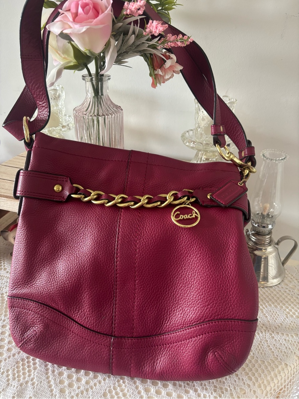One Day Sale 🩷Coach Pebbled Leather Shoulder Bag in Berry Wine